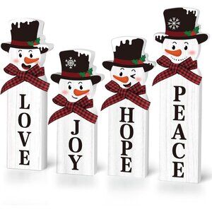 Wooden Snowman Joy Table Centerpiece Sign Winter Tiered Tray Home Decor